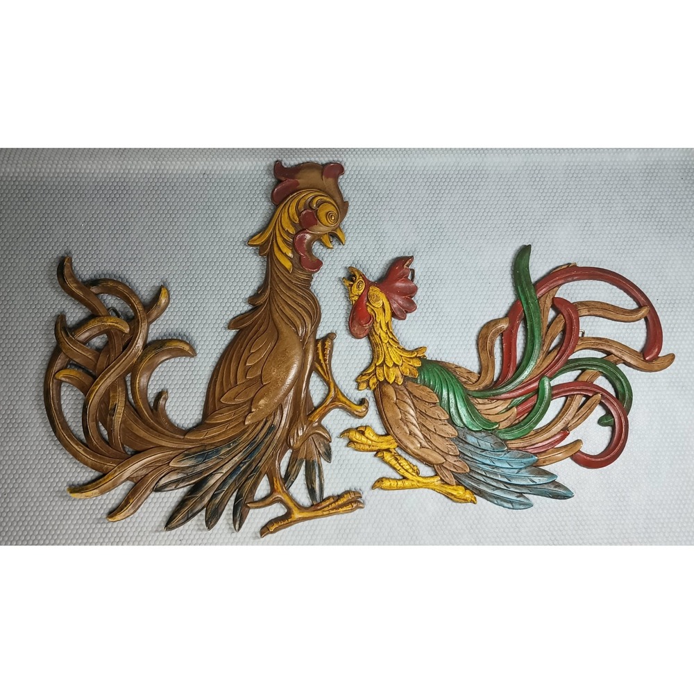 Pair of Vintage Syroco Rooster Wall Plaques "Fighting Roosters" 1965